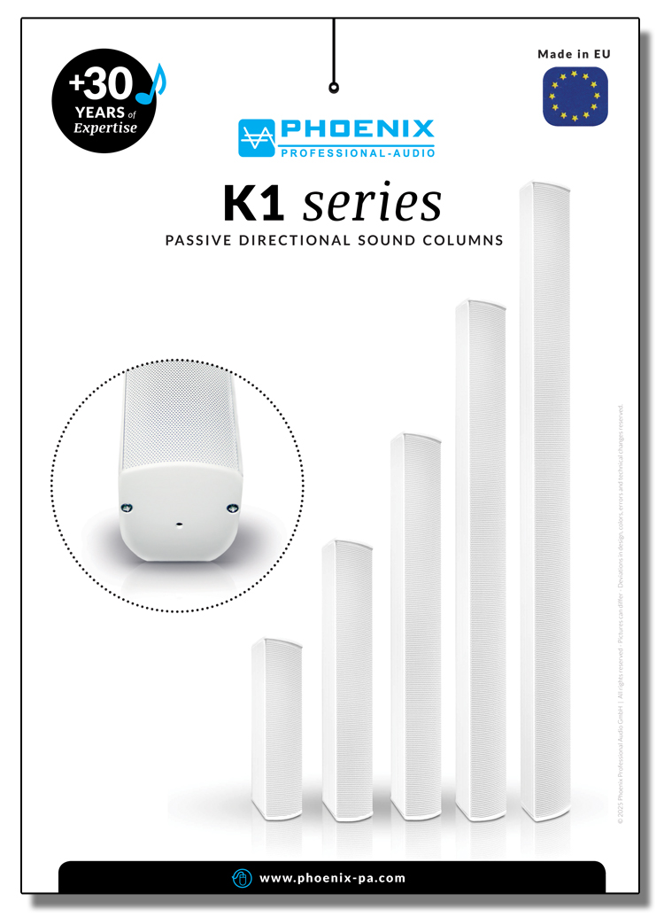 Image of Product sheet for K1 series sound columns with link for download